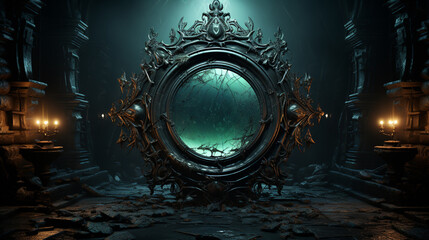 Mystical gothic mirror, dark gloomy background. Generative Ai