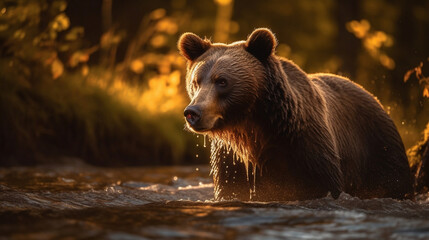 Obraz na płótnie Canvas Big brown grizzly bear at lake in Alaska