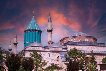 Fototapeta na wymiar Mevlana musem and great view of Mevlana Square, Konya Turkey at twilight