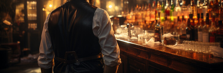 Fototapeta na wymiar Rear view of young bartender standing at bar counter. Generative Ai