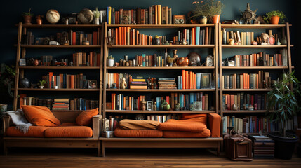  Arranged bookshelves in a beautiful room. Generative Ai