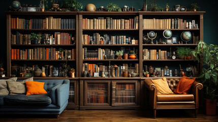  Arranged bookshelves in a beautiful room. Generative Ai