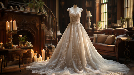 Wedding dress in bridal room background. Generative ai