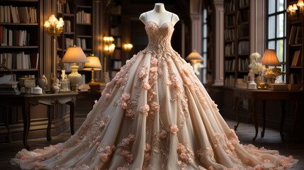 Wedding dress in bridal room background. Generative ai