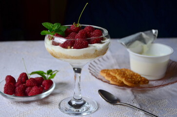 dessert wof yogurt, cookies and raspberries in a bowl on the table