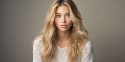 A young female model with blond long hair, with awareness, concern and sensibility feel.  