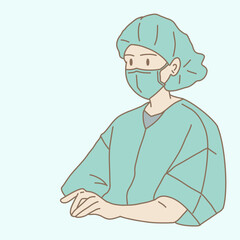 Female surgeon in operating , wearing face mask and disposable bouffant cap. Hand drawn flat cartoon character vector illustration.