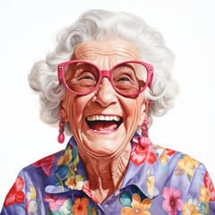 Portrait of a happy senior woman laughing at white backgroud. Generative AI. 