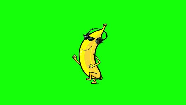 Cartoon character yellow single bananas with headphones greenbox. Fruit walking on green screen background isolated. Seamless loop animation fun. Holidays, party, music, intro, celebrating.