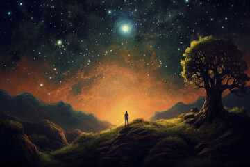 Alone man looking at the starry sky. Stargazing concept