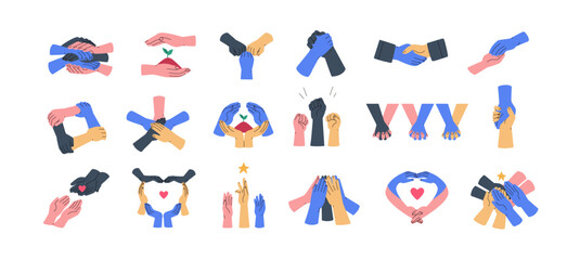 Hands groups holding together. Care, support concept. Fists up, palms stack, group greeting, handshake, team making heart, circle shape. Flat graphic vector illustrations isolated on white background