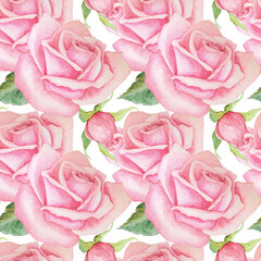 Seamless pattern with roses. Watercolor hand drawn illustration isolated on white background. For textiles, wallpapers