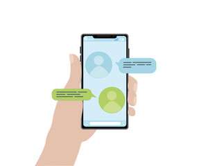 Phone in hand human hand correspondence with people call communication chat messenger phone screen illustration