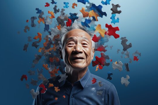 Asian woman patient with alzheimers disease, exploding head, memory loss concept