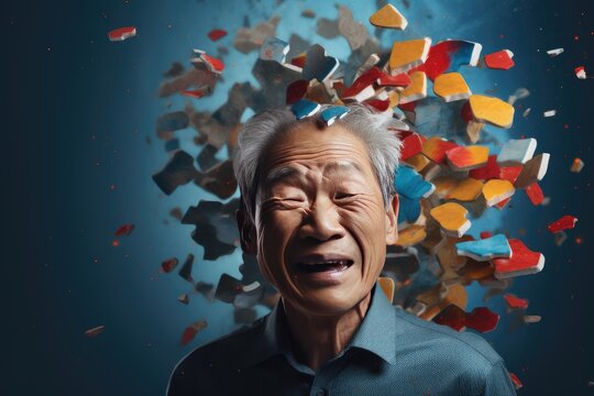 Asian woman patient with alzheimers disease, exploding head, memory loss concept