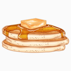 Vector illustration of a three-layered pancake with butter topping and maple syrup.
