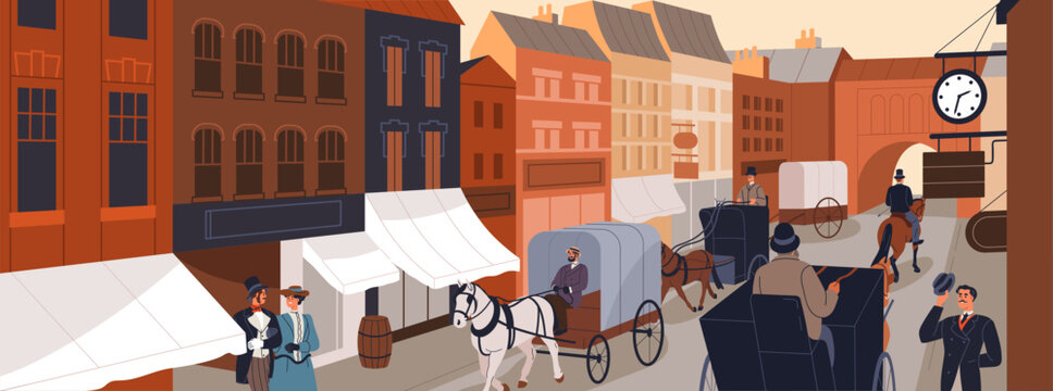 18th century city street. 19th town life with wealthy rich people, horse carriages on road, buildings. Historical old urban panorama of Victorian era, 1800, 1900. History flat vector illustration