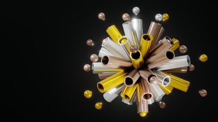 Festive background, composition of pipes and balls, dynamic and bright,3d render.