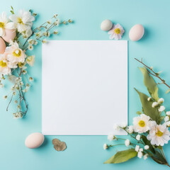 Top view of blank paper and leaf on pastel background, Easter decorations.