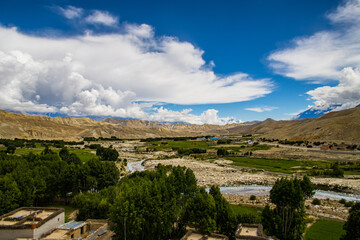 Fototapeta na wymiar Beautiful Chhoser Village with desert landscape in Lo Manthang of Upper Mustang in Nepal