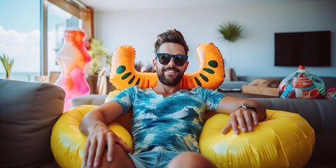 Funny young man in sunglasses and inflatable beach toys sips a cocktail and watches the show. - obrazy, fototapety, plakaty