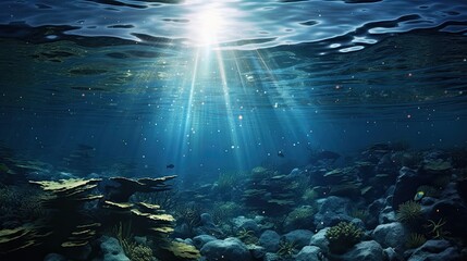 Fototapeta na wymiar an ocean view with stars, in the style of hyperrealistic marine life, backlight, panorama, intricate underwater worlds, landscape photography, gray and blue, low-angle