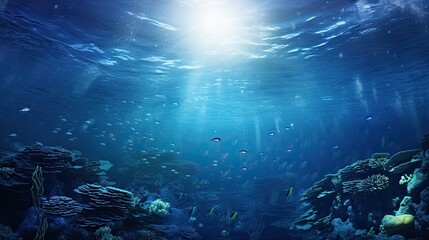 Obraz na płótnie Canvas an ocean view with stars, in the style of hyperrealistic marine life, backlight, panorama, intricate underwater worlds, landscape photography, gray and blue, low-angle