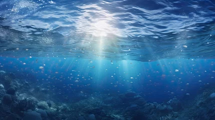 Poster an ocean view with stars, in the style of hyperrealistic marine life, backlight, panorama, intricate underwater worlds, landscape photography, gray and blue, low-angle © EnelEva