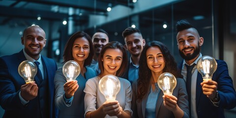 Happy creative team holding glowing lit light bulbs. - Powered by Adobe