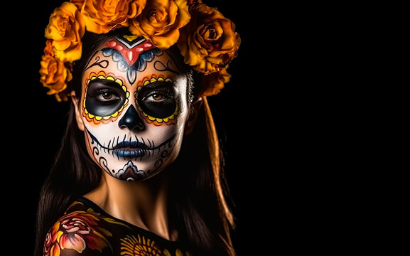 Woman with face painted in Calavera Сatrina style to celebrate the Day of the Dead, the Latin Halloween. Santa Muerte. Illustrative Generative AI. Not a real person.
