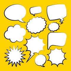 Comic speech bubbles. Outline, hand drawn retro cartoon stickers on yellow background. Chatting and communication, dialog elements. Pop art style. Vector illustration