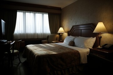 Fototapeta na wymiar Interior of room with big comfortable bed. Modern minimalistic design