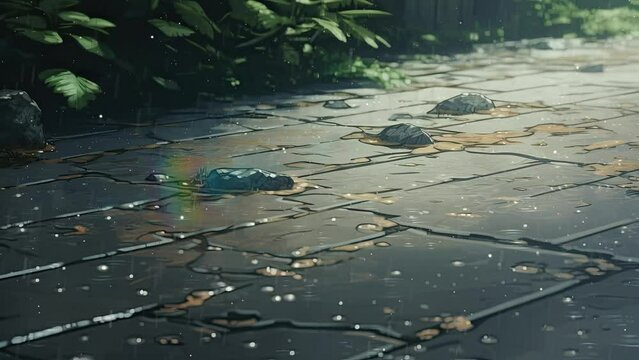 close up wet road when it rains. Anime art style. Loop animation