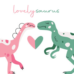 Fototapeta na wymiar Vector hand drawn flat postcard with dinosaur and heart. Lovelysaurus