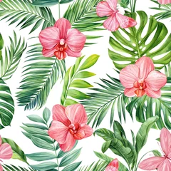  Palm leaves, butterfly and pink orchid flowers, tropical watercolor painting. Seamless pattern, jungle wallpaper © Hanna