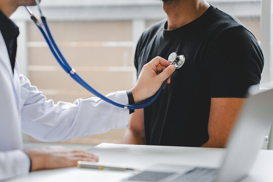 Male patient consulting medical specialist at hospital Chest pain and inflammatory heart disease heart disease care concept