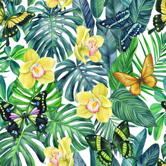 Palm leaves, butterfly and orchid flowers, tropical watercolor botanical painting. Seamless pattern, jungle wallpaper