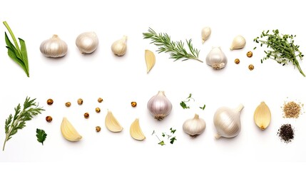 Garlic and herbs isolated on white background, top view