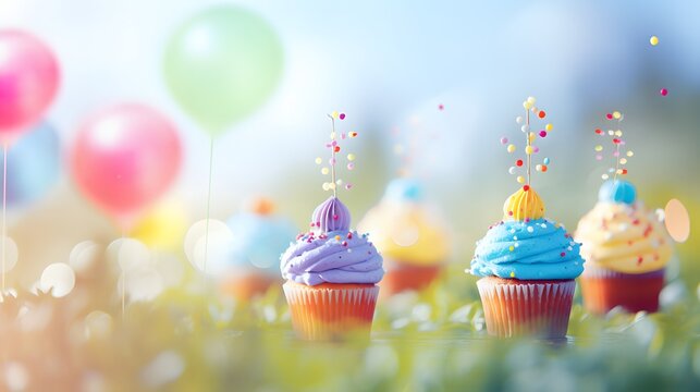birthday cup cake with balloons background