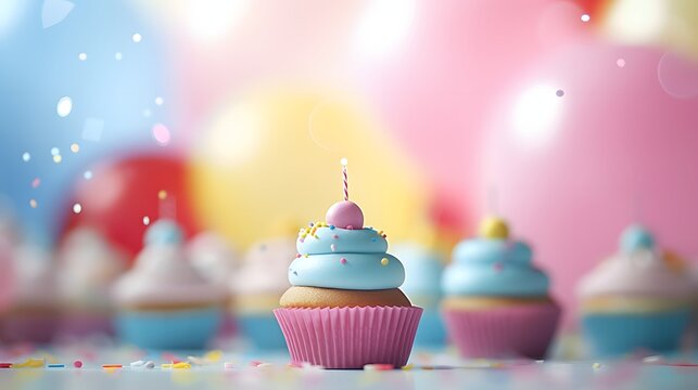 birthday cup cake with balloons background