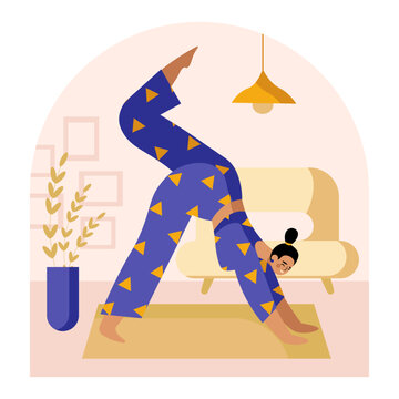 Active female performing yoga exercise at morning. Morning training concept. Active life for young people. Vector flat illustration in purple and yellow colors in cartoon style