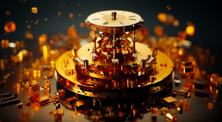 3d concept of golden mechanism. Futuristic insustrial gold metal pattern. Generative AI.