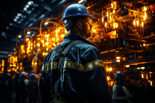 Engineer man inspecting eletrical supply. Power engineer checks equipment at work. Generative AI.