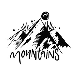 Sketch art mountains black color sign and lettering text