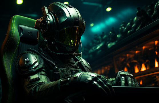Futuristic metal cotume man. Survival future textured fighter. Generative AI.