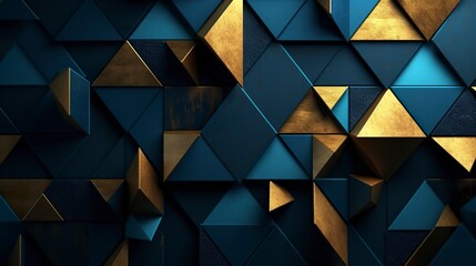 Geometric background with golden and blue triangles.