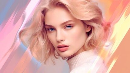 Beautiful model girl with blonde short hair on colorful lines background.