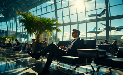 Businessman sitting in modern airport. Flying airplane and sunlight panoramic view. Generative AI.