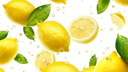 Ripe flying lemons and green leaves with water splash on white background.