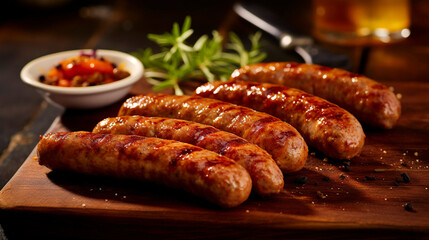 Delicious grilled sausages with sauce ketchup on a wooden table. - obrazy, fototapety, plakaty